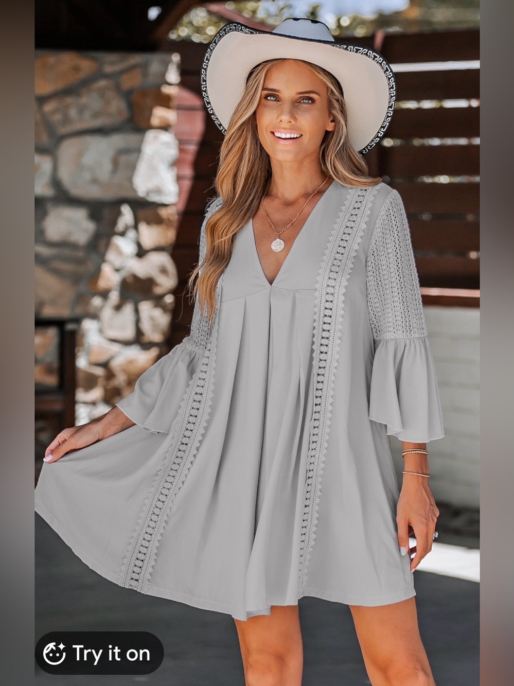 Taupe Boho Lace Bell Sleeve Flowy Mini Dress XS NWT!